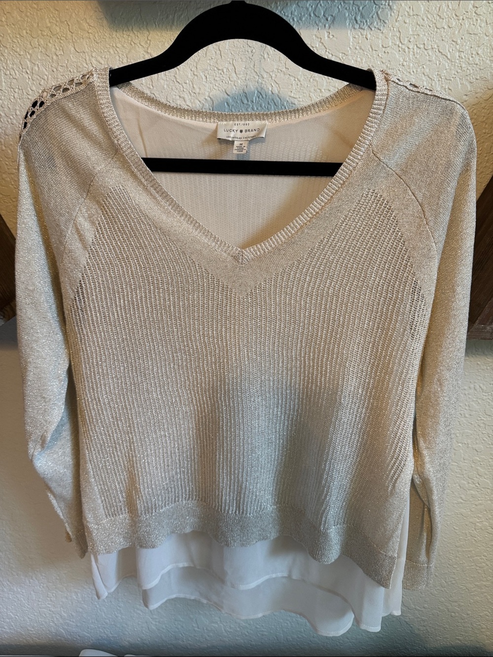 Lucky Brand Cream sparkling Metallic V-Neck Layered Sweater